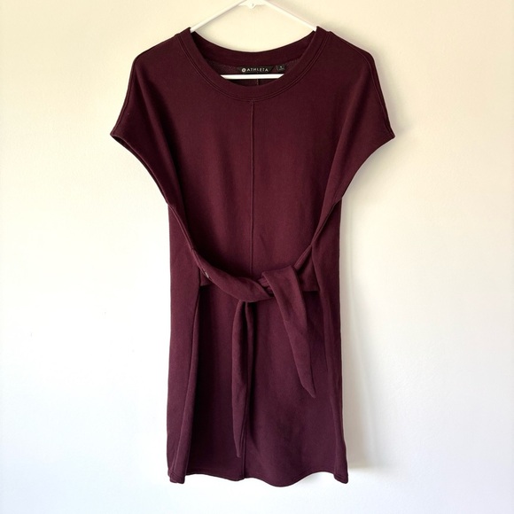 Athleta Embrace Sweater Dress Burgundy Belted Tie Waist Athleisure Short Sleeve - Picture 2 of 11